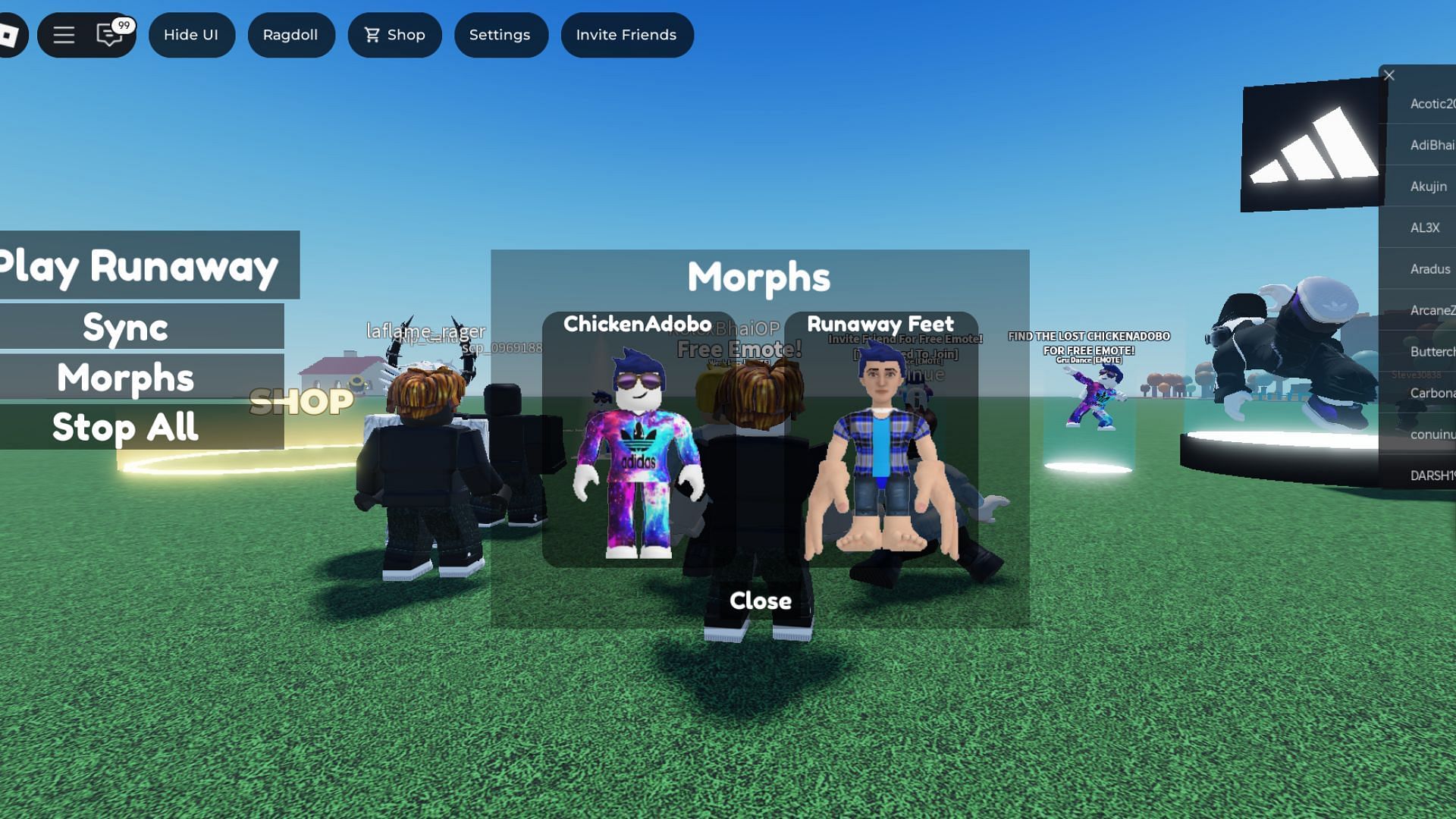Outfits in the I Wanna Run Away x Adidas collab (Image via Roblox)